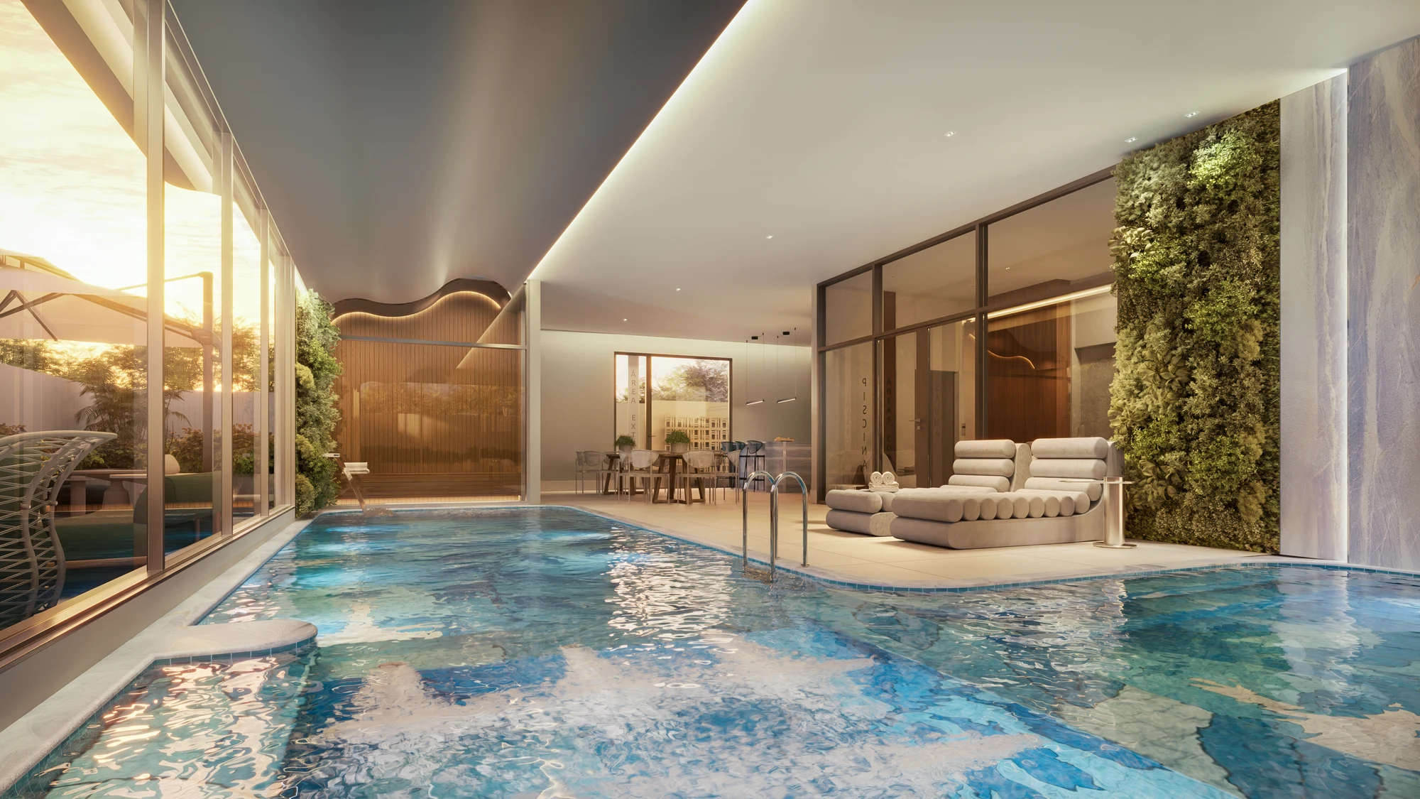 Piscina coberta e aquecida · perspectiva ilustrativa